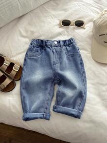 SHEIN Baby Boys' Casual Style Retro Straight Leg Baggy Blue Denim Jeans For Baby Clothes Baby Boys Costume Dailywear And Baby Summer And Spring Clothes - Medium Wash - View 8