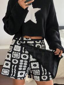 DAZY Shorts elegantes assimétricos em jacquard contrastante preto e branco vintage para mulheres, outono/inverno