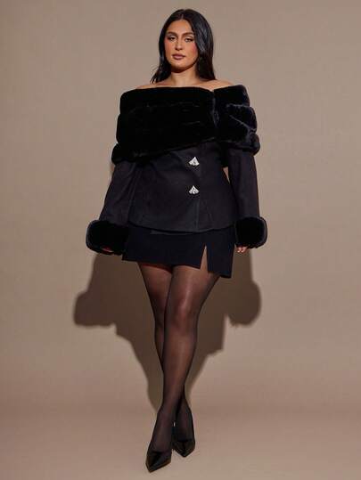 SHEIN BAE 女士秋冬加绒露肩毛绒装饰大衣