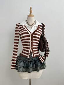 SHEIN Unity Velvet Striped Textured Women's Long Sleeve Single-Breasted Fitted Shirt - Multicolor - View 1