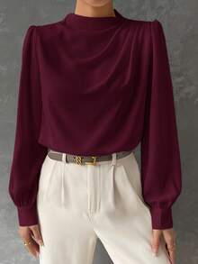 SHEIN X Scot Louie BizChic 女士酒红色翻领褶皱宽松灯笼袖长袖衬衫，现代优雅都市通勤日常浪漫90年代复古圣诞新年风格，适合情人节派对、海滩、毕业典礼、时尚、休闲、浪漫场合，也适合婚礼宾客、主人、约会、派对、音乐会、早午餐、机场等场合。 - 中紫紅色 - 查看 4