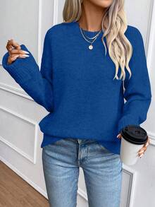 SHEIN LUNE Suéter holgado de cuello redondo con hombros caídos y puños acanalados para mujer - azul real - Ver 7