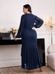 Modelyn Plus Size Elegant Solid Color Lantern Sleeve Dress, Suitable For Party - Navy Blue - View 2