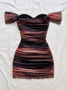 Soleia Đầm bodycon hở vai lưới đan cho nữ, trang phục đi nghỉ - màu nâu - Xem 2
