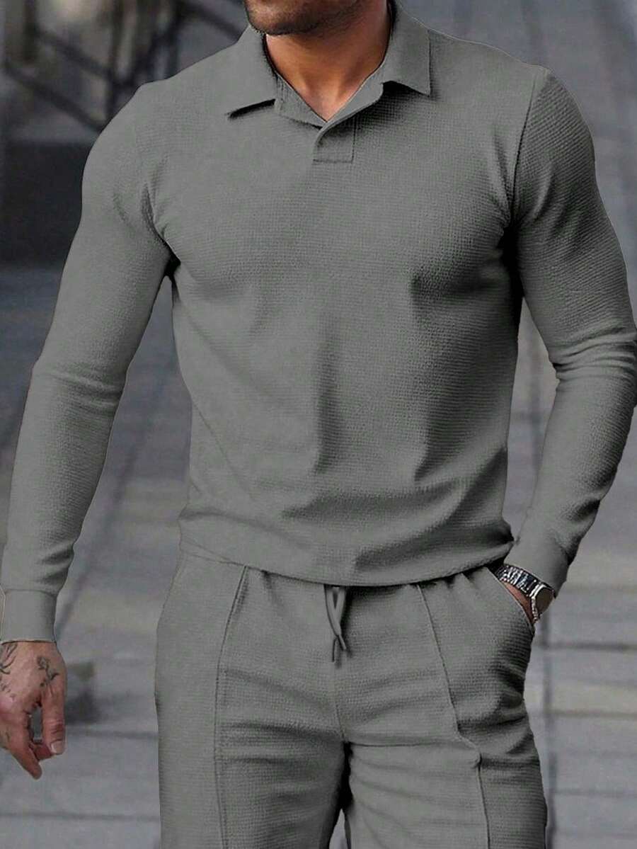 Manfinity Homme 男士休閒純色長袖 Polo 衫，秋季百搭男士長袖 Polo 衫，正式款 - 深灰色 - 查看 1