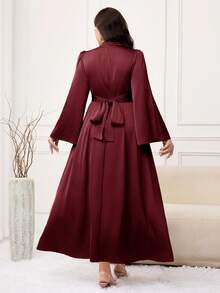 Modelyn Plus Size Elegant Solid Color Bell Sleeve Dress, Suitable For Party/Christmas - Burgundy - View 6