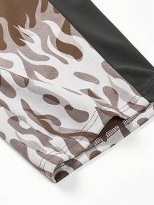 Manfinity Homme 1 pezzo Pantaloni casual da uomo con vita semi-elastica e zip, con motivo patchwork marrone e grigio scuro con stampa a fiamma, regalo per il fidanzato/marito, regalo per l'anniversario, autunno