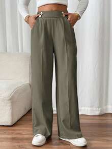 SHEIN Frenchy Women's Double Buckle Straight Leg Elegant Commuter Pants Winter Green Casual Christmas Spring - Army Green - View 6