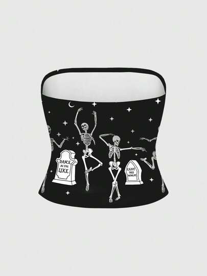Goth Blusa corta de mujer talla grande con estampado de esqueleto bailando, de estilo gótico, misterioso y divertido, en blanco y negro