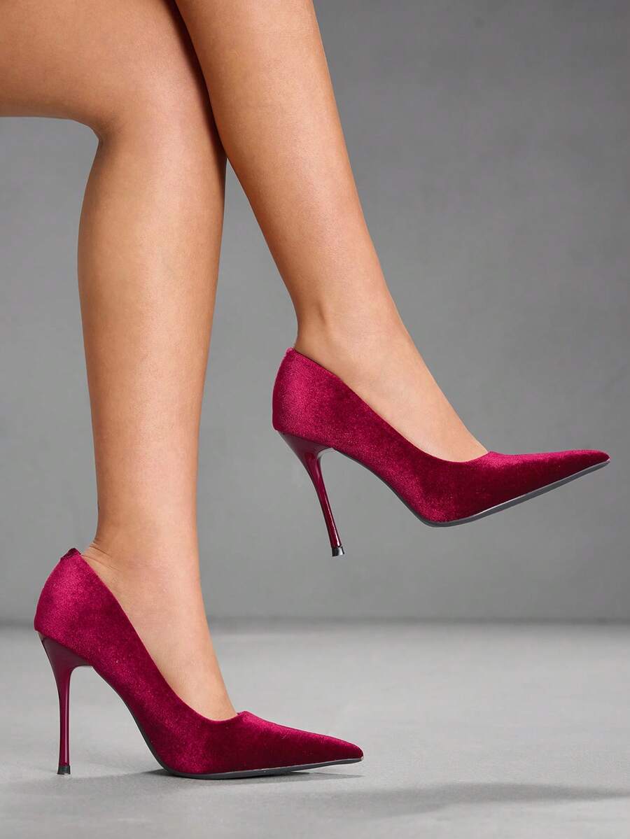 CUCCOO SZL 勃艮第天鹅绒尖头细高跟鞋，时尚优雅，适合通勤、约会、派对、婚礼等场合 - 酒紅色 - 查看 1