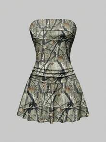 ROMWE Grunge Punk Vintage Ruched Sexy Mini Ruched Bodycon Strapless Low Waist A-Line Dress For Women - Army Green - View 1