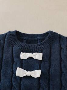 Tween Girls Sweater Dresses, Fashion Elegant Cute Bow Puff Sleeve Pullover Short Dress Girls Navy Blue Dress Girls Winter Dress Long Sleeve Knitted Dress Tween Elegant Dark Blue Dress Girls Cable Knit Dress