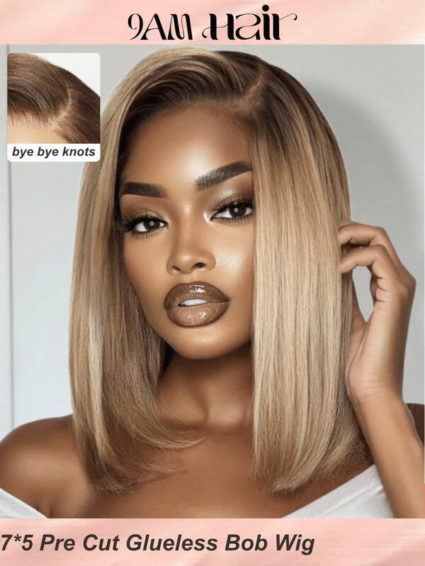 Ombre Honey Blonde Straight Bob Wig 7x5 Lace Closure Pre Cut Pre Bleached Glueless Wig 100% Human Hair Bob Wigs Bye Bye Knots Lace Front Blonde With Medium Brown Roots Pre Cut Pre Plucked Pre Bleached Effortless Wear
