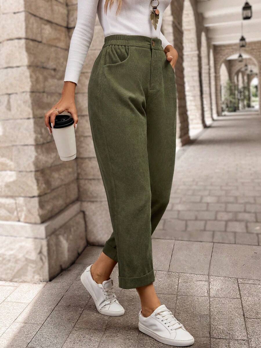 EMERY ROSE Women's Solid Color Patch Pocket Tapered Casual Corduroy Pants, Versatile For Autumn - Army Green - View 1