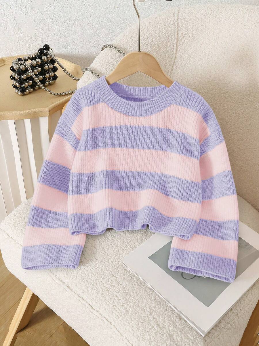 Souflis Souflis Kleine Mädchen Lässig Farbblock gestreifter Rundhals Raglan Pullover, Herbst/Winter - Mauve - Übersicht 1