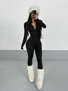 StreetHx Women's Streetwear Solid Color Long Sleeve Half Zip Jumpsuit, Autumn