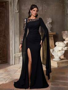 Aureia Elegant Luxurious Floral Patchwork Elastic Knit Chiffon Sheer Sleeve Fishtail Slit Dress,Suitable For Weddings,Events,Parties,Galas,Formal Occasions - Black - View 5