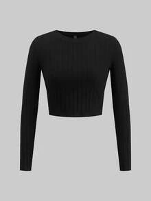 SHEIN EZwear 3 件套休闲简约罗纹纯色图案圆领长袖短款修身女式 T 恤，时尚舒适百搭 - 彩色 - 查看 7