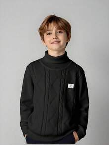 SHEIN Tween Boys' Casual Everyday Versatile Comfortable High Neck Long Sleeve Pullover Sweater - Black - View 3