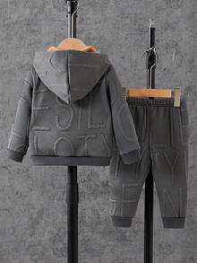 男婴休闲纯色长袖保暖拉链外套和裤子套装，两件套，舒适百搭，适合日常休闲户外穿着，秋冬季节适用。 - 深灰色 - 查看 2