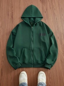 Manfinity VCAY 男士休闲口袋抽绳连帽衫，带手印，秋季，秋冬 - 綠色 - 查看 2