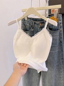 SHEIN Franclia Women's Solid Color Lace Patchwork Elegant Camisole, Ladies Lace Splicing V-Neck Thermal Lined Warm With Bra Cup Fashionable Camisole, Women's Fashionable Autumn And Winter Tops, Women's Velvet Lace Base Top, Suitable For Autumn And Winter, Winter Clothes For Women, Autumn Outfits For Women, New Year Women, White Top, Women's Solid Color Warm Base Top, Bra Cup Integrated Base Top, Suitable For Going Out As An Elegant Base, Women's Casual Top For Going Out