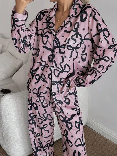 SHEIN Bow & Star Print Lapel Long Sleeve Top & Pants Pajama Set Fall Winter Clothes