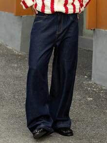 DAZY 男士纯色海军蓝原色牛仔裤，秋季 - 藍色 - 查看 3