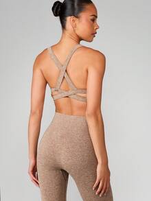 MISSGUIDED Sujetador deportivo con espalda cruzada y tirantes anchos, de punto acanalado, con soporte atlético para un estilo de vida activo y entrenamiento - Caqui - Ver 2