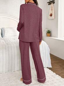 SHEIN Moonlight & Mama Women's Contrast Trim Collar Long Sleeve Top & Pants Loose 2 Piece Comfy Pajamas Set, Winter