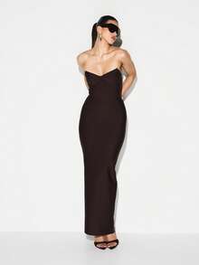 KIZN Đầm dạ hội Maxi bodycon hở lưng xẻ tà hình trái tim - Cà phê - Xem 3