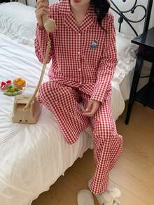 女士宽松舒适红色格子休闲简约兔子刺绣图案两件套睡衣套装 - 紅白色 - 查看 7