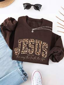 INAWLY Christian Jesus Sweatshirt, Leopard Print Bible Verse Pullover, Fashionable Faith Apparel Gift, Jesus Loves You, The Way, The Truth, The Life Women Sweatshirt - Brown - View 1