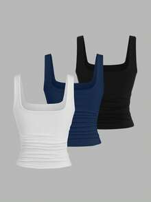 Sweetra 女式纯色方领褶皱休闲吊带背心 - 彩色 - 查看 2