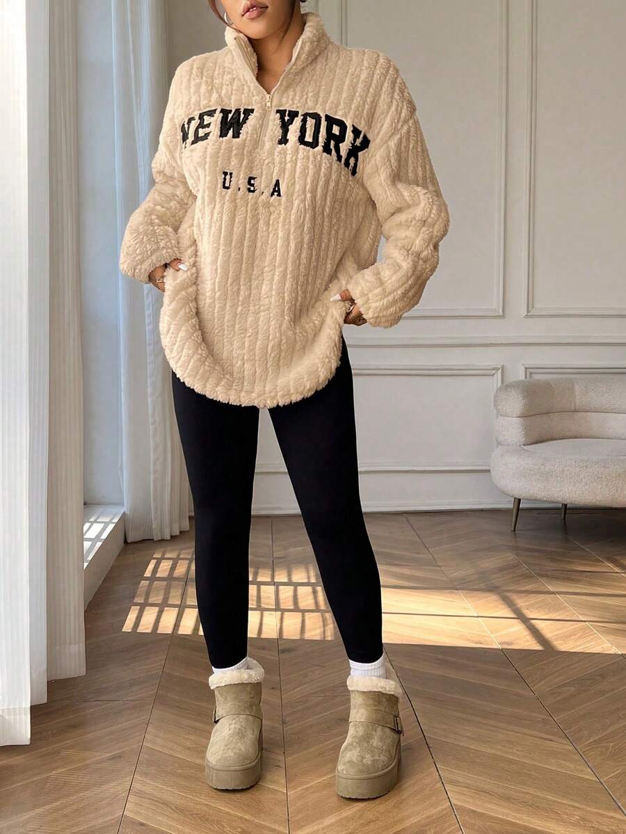 SHEIN EZwear Women's Casual Wool-Lined Letter Print Zip-Up Hoodie And Pants Set, Apricot, Autumn/Winter Hoodie And Sweatpants Set, Homewear & Workwear Y2K Fluffy Thickened Autumn 2 Pieces Casual Set, Women's New York Apparel, Women's Comfortable Clothing