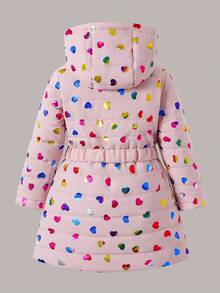 SHEIN Young Girl Pink Ombre Laser Heart Thick Mid-Length Hooded Drawstring Winter Jacket - Pink - View 2