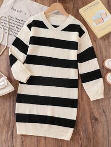 SHEIN 1pc Girls' Oversized Sweater Dress,Black And White Striped,Autumn Casual Back-To-School V-Neck Loose Long Sleeve Knit School Dress For Teen Girls - Multicolor - View 6