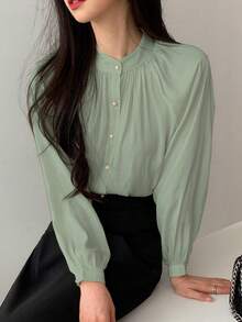 DAZY Blusa de manga farol con botones de unicolor para mujer, blusa de manga larga para otoño - Verde - Ver 4