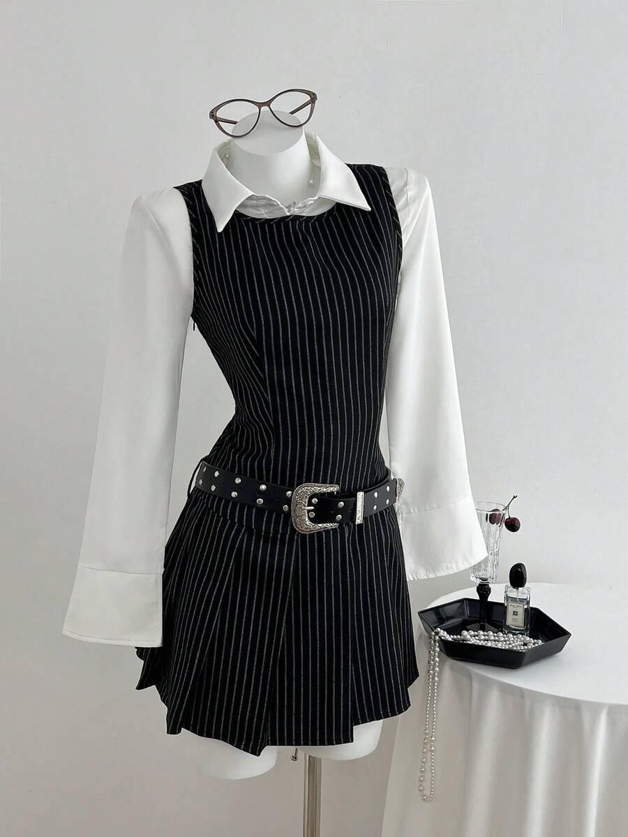 Elamini 黑白条纹圆领套头连衣裙，隐形拉链，收腰，百褶裙摆，优雅甜美，适合上学、上班、约会、日常穿着，秋冬 - 黑色 - 查看 1