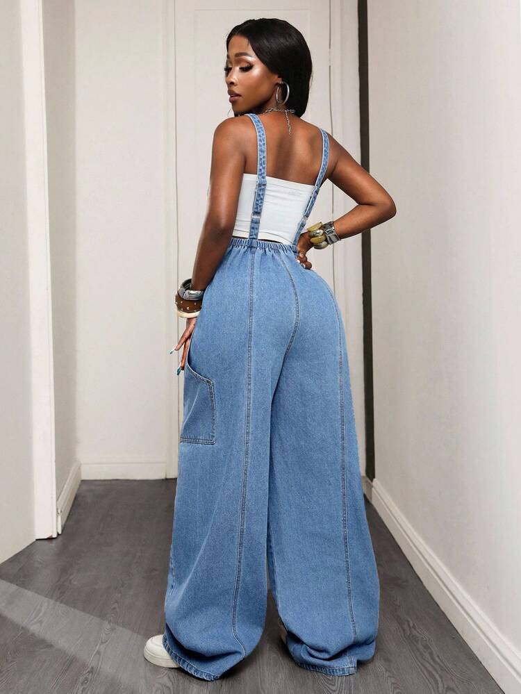 BamGleam 女式口袋设计宽腿宽松休闲背带牛仔连体裤 - 藍色 - 查看 2