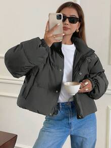 DAZY 前开式宽松女式夹棉大衣、长袖夹克 - 灰色 - 查看 6