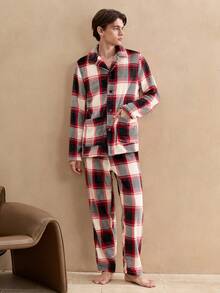Old Money 男士舒适格子印花衬衫和裤子睡衣套装，秋冬季男士外出格子保暖宽松休闲复古风，圣诞节 - 彩色 - 查看 7