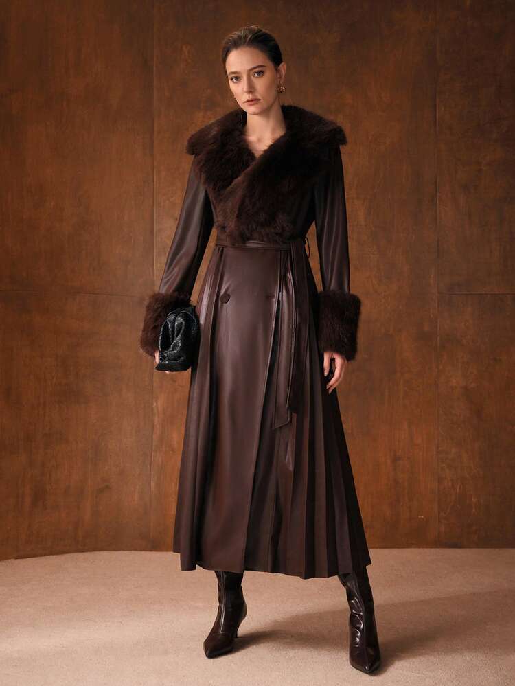 Women's Elegant Long Coat With Fur Collar, Pleated Patchwork And Tie Belt, Autumn/Winter