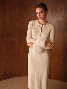 MOTF PREMIUM 秋冬款拼接仿皮草袖腰收腰优雅针织长裙 - 杏色 - 查看 5