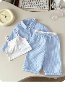 3 件套女婴条纹衬衫、松紧腰裤和吊带背心，春夏 - 藍色 - 查看 2