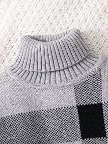 SHEIN 2pcs/Set Baby Boy/Girl Casual High Neck Plaid Sweater And Jogger Pants Set, Suitable For Autumn/Winter Wear - Grey - View 4