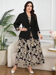 Modelyn Conjunto de vestido y blazer de talla grande para mujer con estampado de paisley, cuello en V y sin mangas, para otoño/invierno