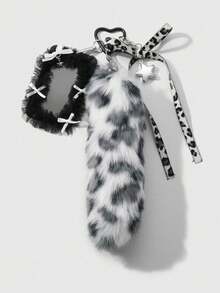 ROMWE Grunge Punk 1 件 Y2K 复古甜美哥特风格灰色毛绒动物豹纹假尾巴，皮革心形蝴蝶结，CCB 星形网纱蕾丝卡包，DIY 钥匙扣包包吊坠，适合上班族、学生和日常穿着，节日礼物，万圣节 - 灰色-46 - 查看 9