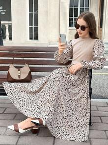 Serisse Kids 青少年女孩休闲优雅针织罗纹花卉拼布灯笼袖连衣裙，适合日常外出、旅行和度假 - 卡其色 - 查看 2