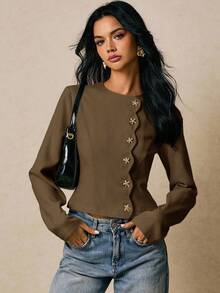 Poéselle Women's Metal Button Decorated Long Sleeve Shirt - Brown - View 2